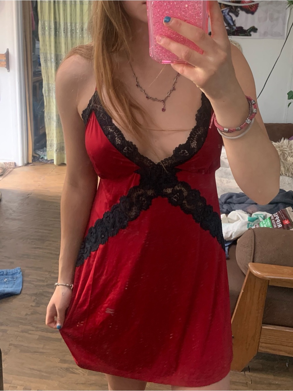 La SENZA Red Satin Chemise with Black Lace Trim